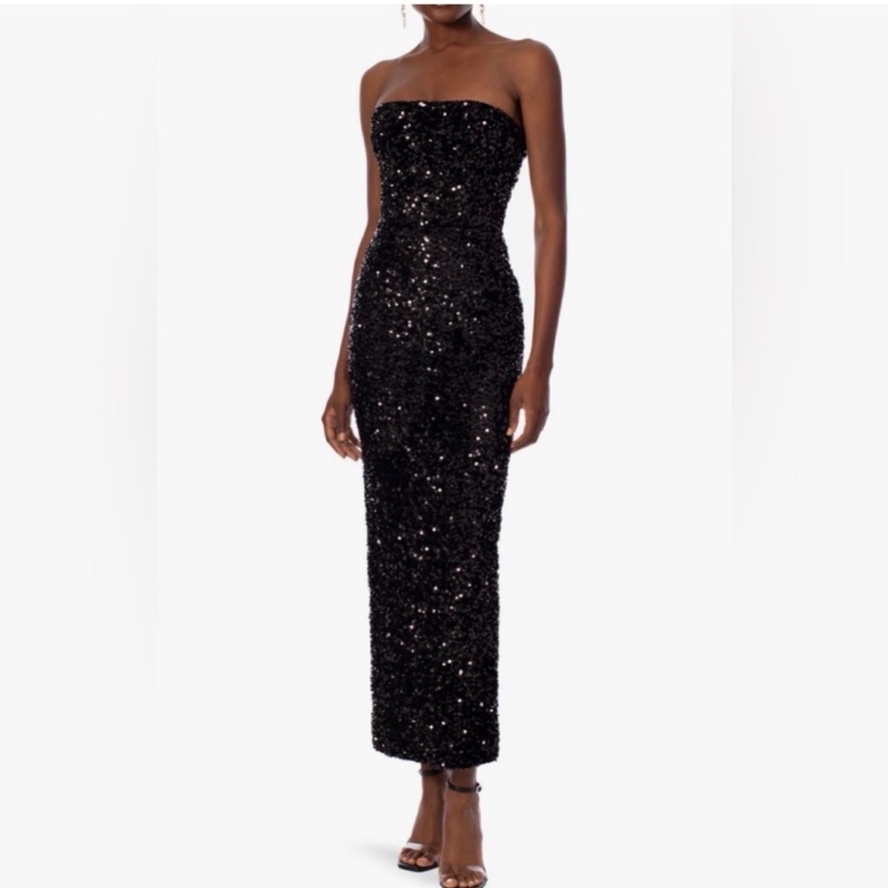 ✨NEW✨HELSI Leslie Black Sequin Strapless
Column Gown Midi Dress Size Medium